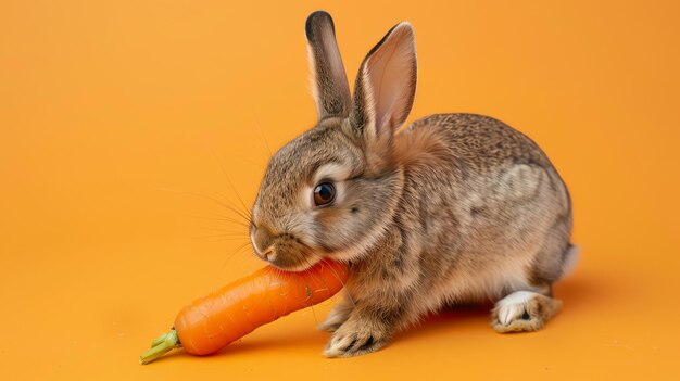 A brown bunny is eating a carrot on an orange background