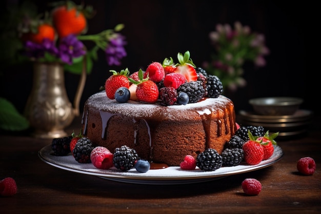 Brown cake with berries on the table