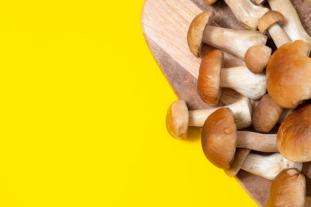 Brown cap Boletus Edulis on a cutting board on yellow background. Edible mushrooms on a wooden plank in the kitchen. Nobody