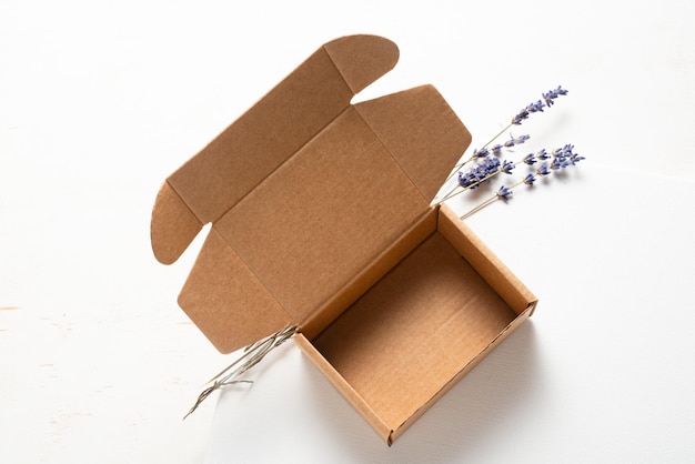 Brown cardboard box decorated with lavender flowers