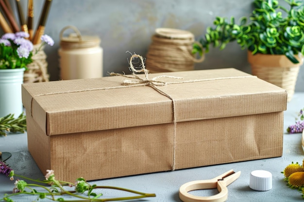 Photo a brown cardboard box tied with twine with a gray background and green plants in pots