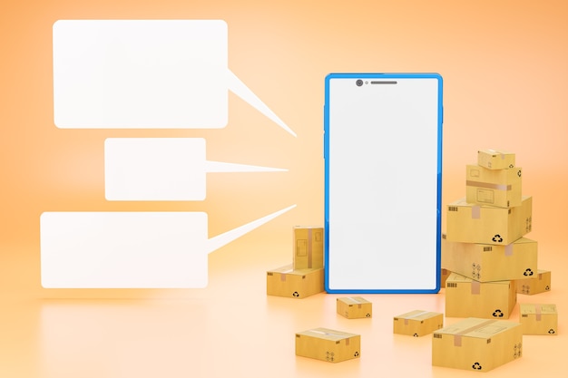 The brown cardboard box and white blank text box around the blue smartphone in a bright orange