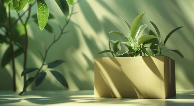 brown cardboard box with plants on it placed in front of green leaves and soft lighting