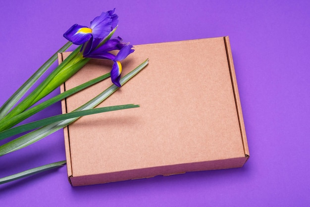 Brown carton cardboard box embellished with fresh iris flowers