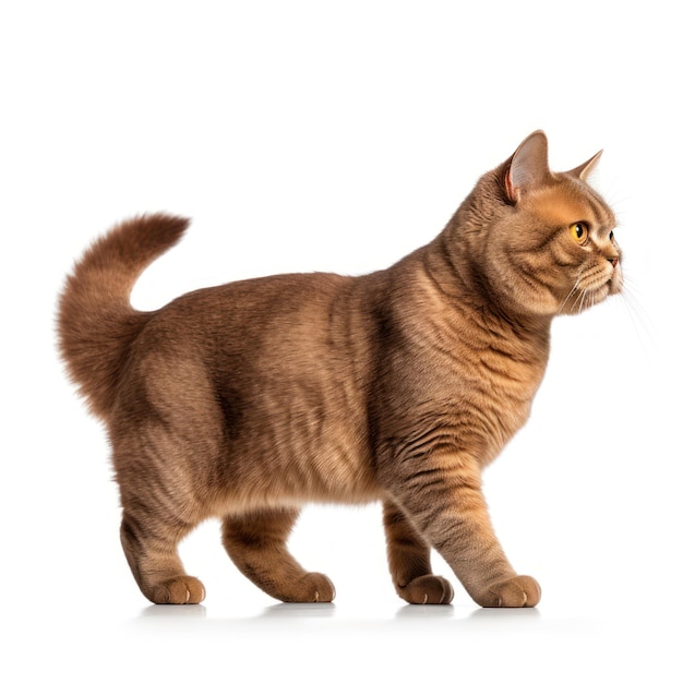 A brown cat with a big tail walks on a white background.