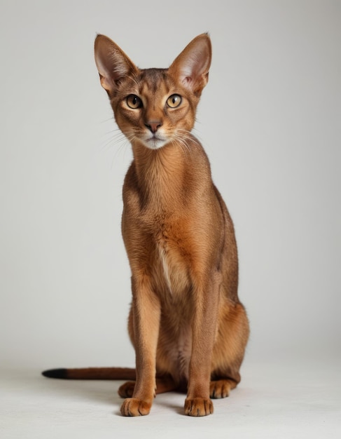 a brown cat with a black tail sits on a white background