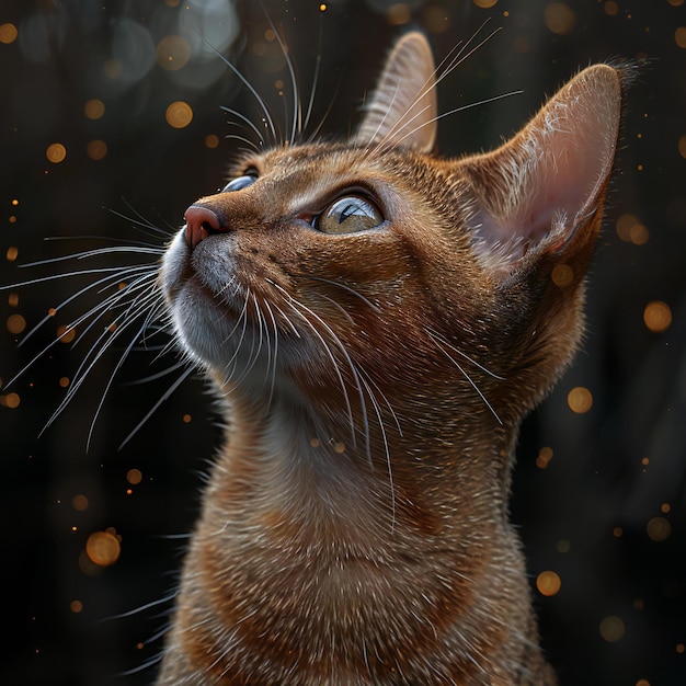 a brown cat with white whiskers looking up