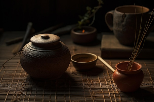 A brown ceramic teapot with a lid on it