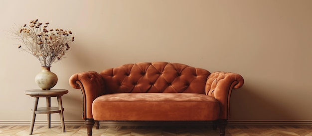 Photo a brown chair with a gold cushion sits in front of a wall with a white wall behind it