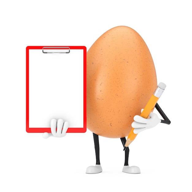 Photo brown chicken egg person character mascot with red plastic clipboard, paper and pencil on a white background. 3d rendering