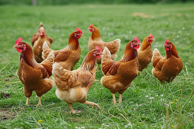 brown chicken farming and agriculture on grass field or outdoor chicken or hen on a green meadow c