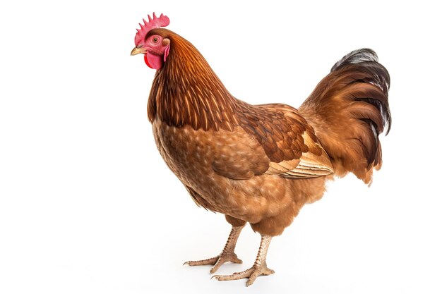 Brown chicken standing on white background looking at camera with bright eyes