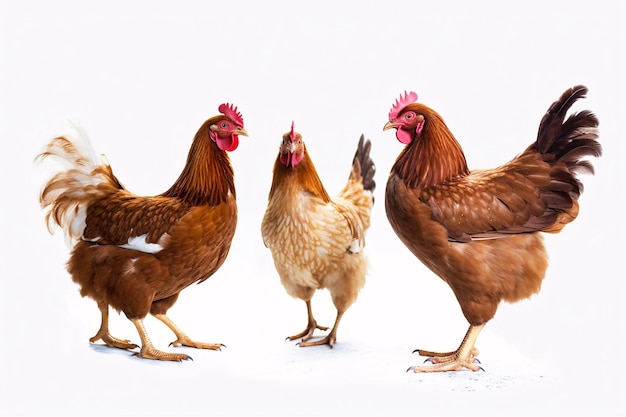 Brown chickens and hens on a white background