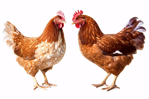 Brown chickens and hens on a white background