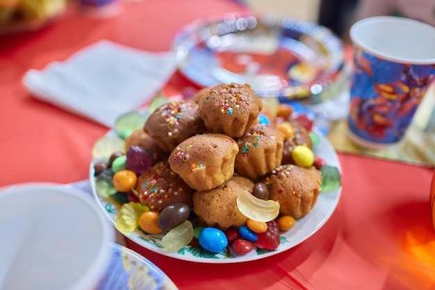 Brown chocolate brownies are muffins made for a children's birthday