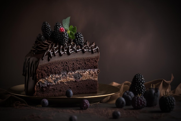 Brown chocolate cake with mulberry berry illustration Generative AI