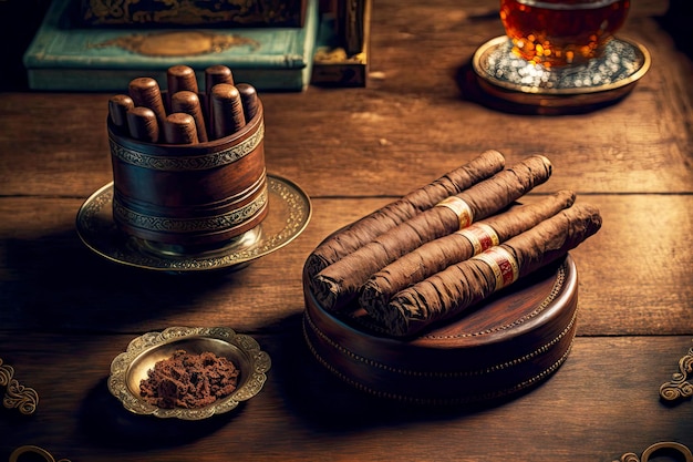 Brown cigars are lying on table next to glass of alcohol