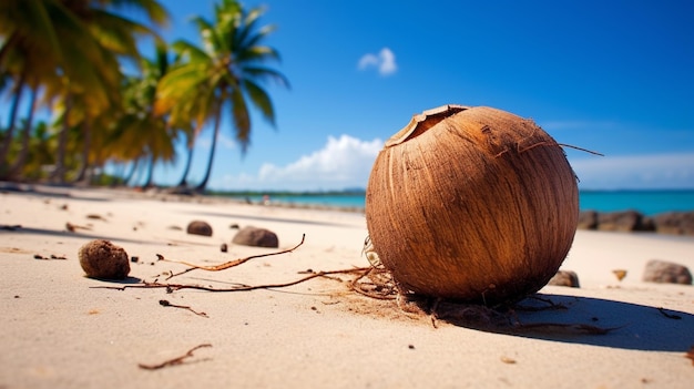 Brown coconut on sandy beach Tropical beach World Coconut Day