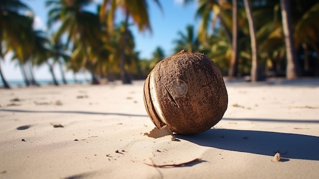 brown coconut on sandy beach Tropical beach World Coconut Day