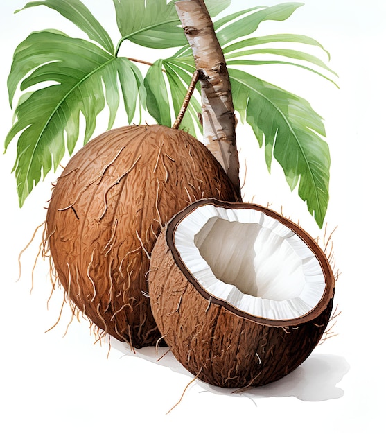 A Brown Coconut with a Leaf and Fresh Coconut White Background