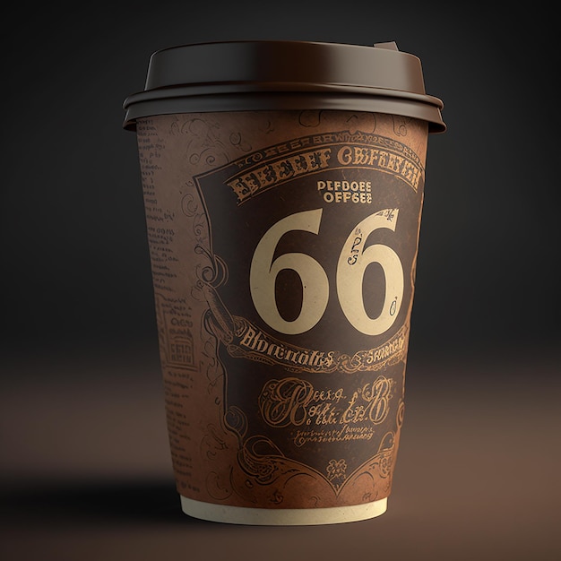 A brown coffee cup with the number 66 on it