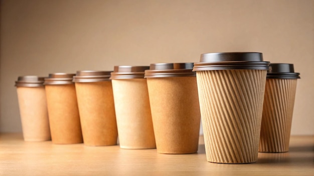 Photo brown coffee paper cup mockup set on beige background