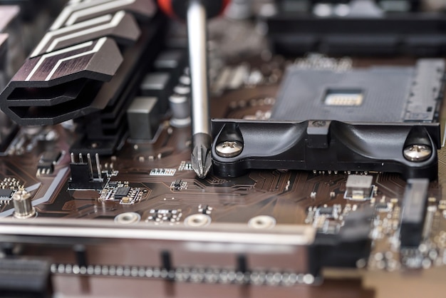 Brown color motherboard top view, computers and electronic theme