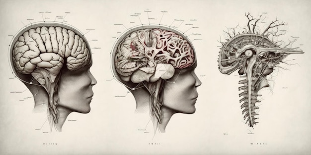 Brown colored Human brain schematic in retro sketch style Beautiful colorful illustration vector Generative AI