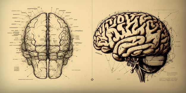 Brown colored Human brain schematic in retro sketch style Beautiful colorful illustration vector Generative AI