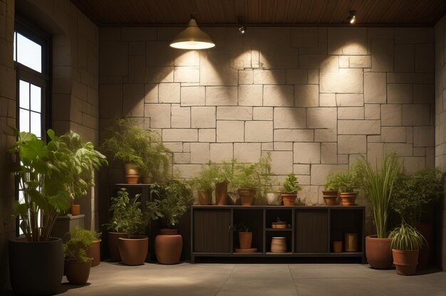 Brown concrete stucco wall and pot with plant interior background of living room AI Generated