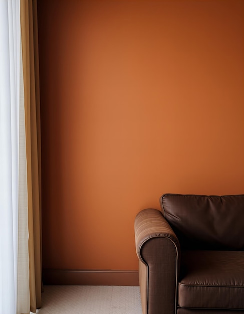 Photo a brown couch with a brown pillow and a curtain on the left side