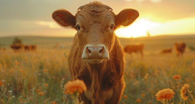 Brown cow in a field at sunset with other cows in the background