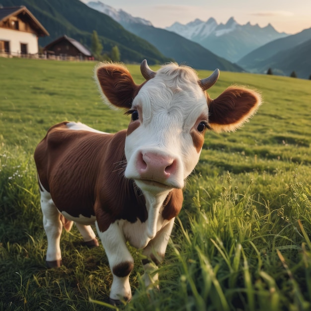 Brown cow on grassy terrain mountains in the background Peaceful nature scene