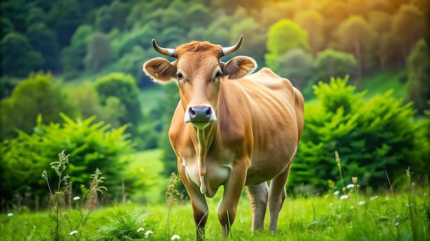 Brown cow on a green meadow isolated on a blurry green nature background High Quality image