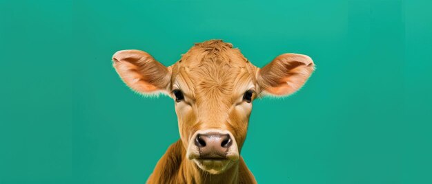 Brown cow staring at camera with green background