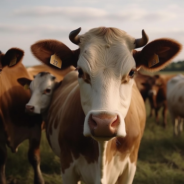 A brown cow with a tag on its ear is standing in a field