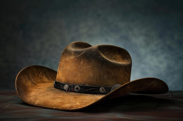 a brown cowboy hat with a black band on the front