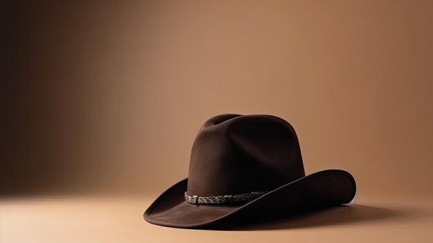 A brown cowboy hat with a white band on it sits against a brown wall.