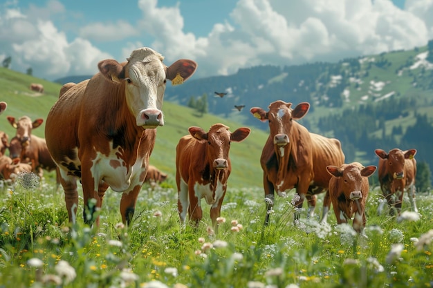 Photo brown cows bulls and calves spreading in the meadow