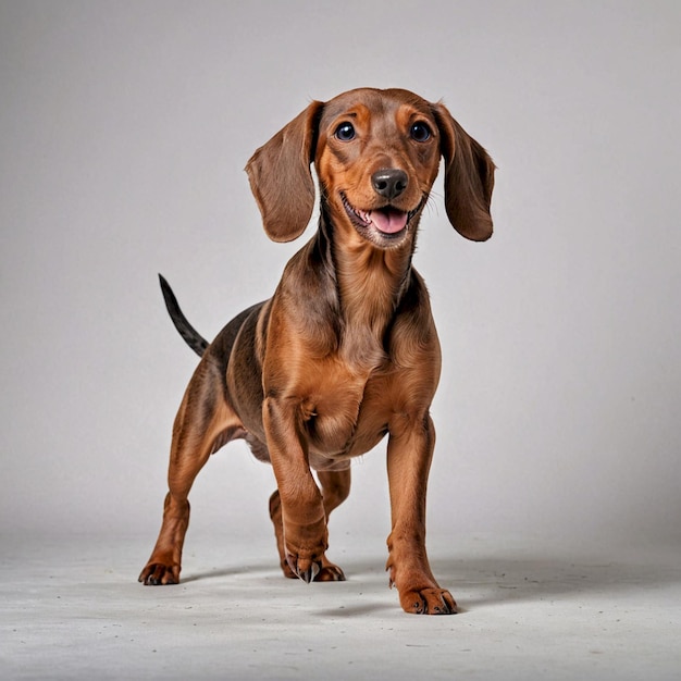 a brown dachshund standing on a white background