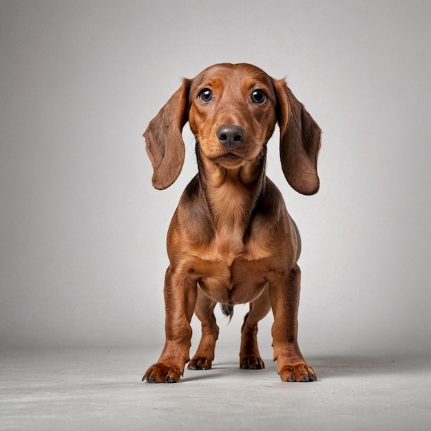 a brown dachshund with a black nose and a white background