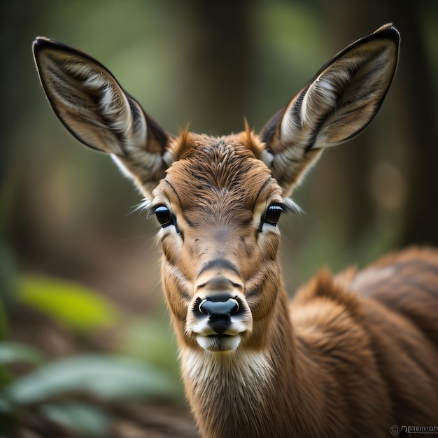 A brown deer with a black nose and a white nose