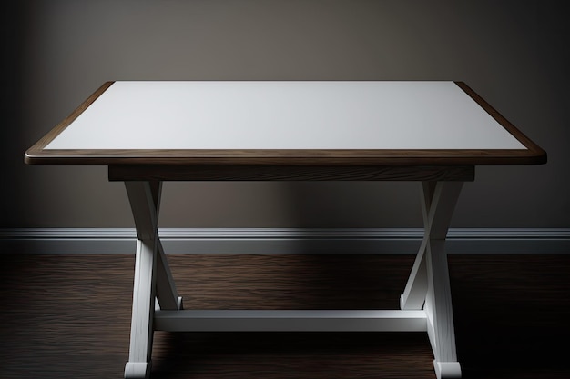 A brown desk and a white tabletop on a wooden table