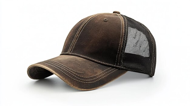 Photo brown distressed trucker hat with black mesh panel