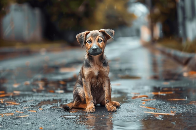 Photo a brown dog is sitting on the pavement in the rain generative ai image