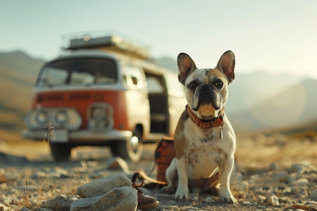 A brown dog is sitting on the side of a road next to a van