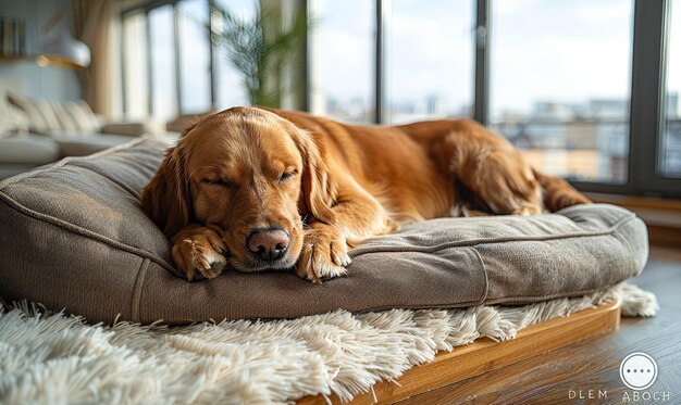 Photo a brown dog is sleeping on a bed with a white blanket