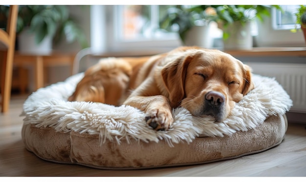 A brown dog is sleeping in a bed