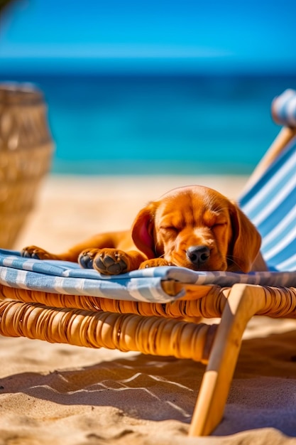 Brown dog laying on top of beach chair next to the ocean Generative AI