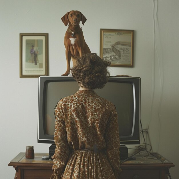 Photo brown dog perched on tv screen woman in background